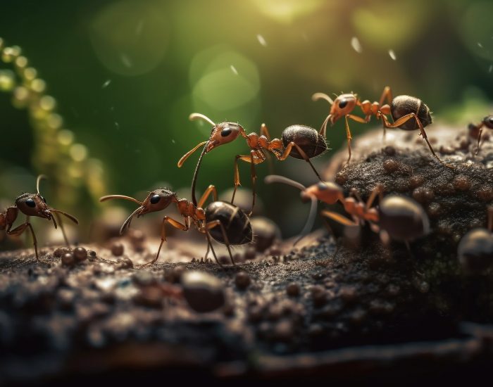 Fire ants working together on green leaf generated by AI