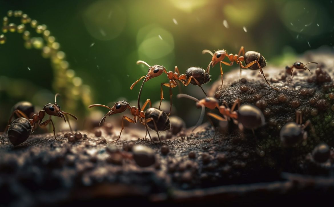 Fire ants working together on green leaf generated by AI