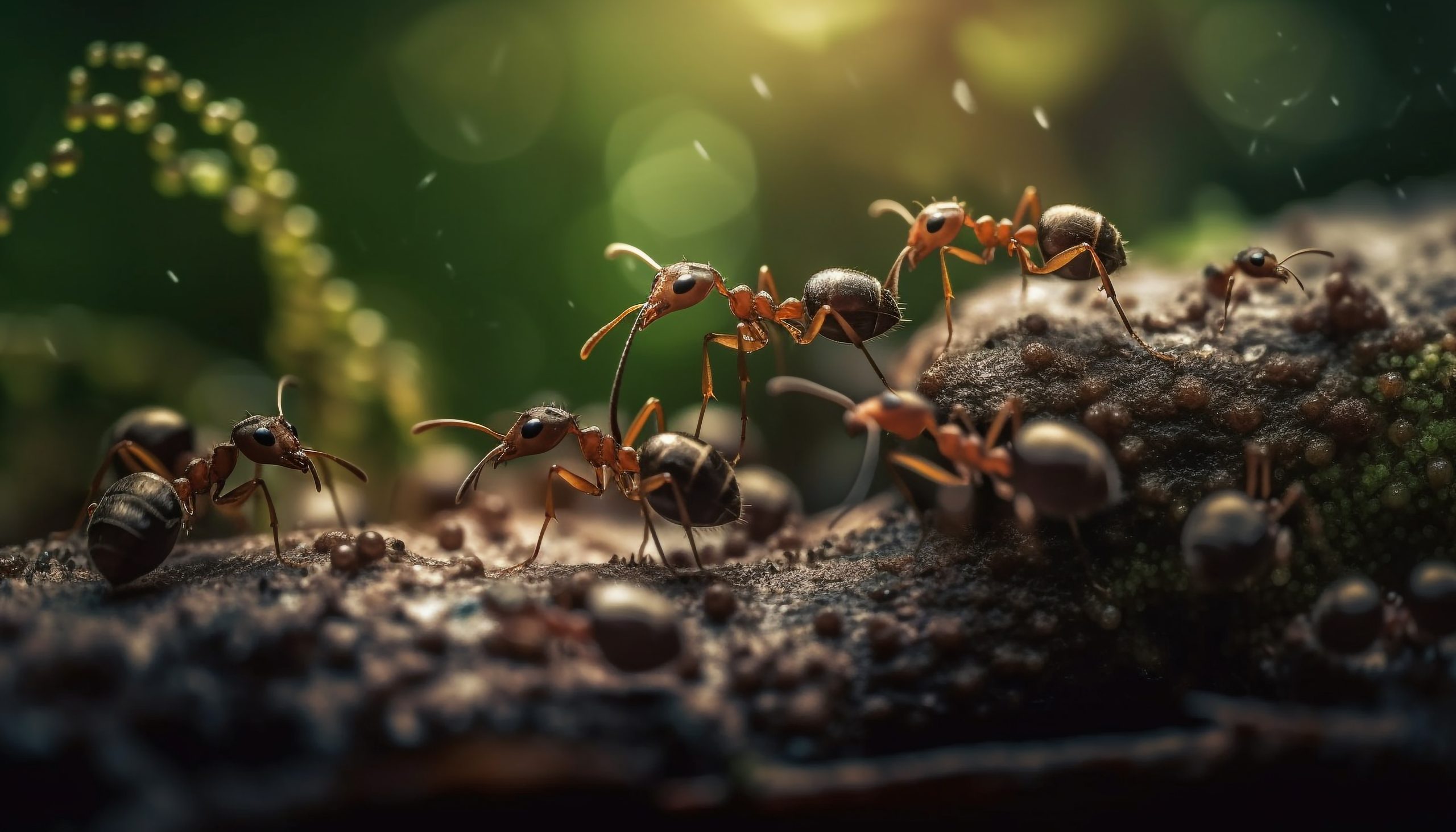 Fire ants working together on green leaf generated by AI Fourmis marchands les une derrieres les autres en gros plan